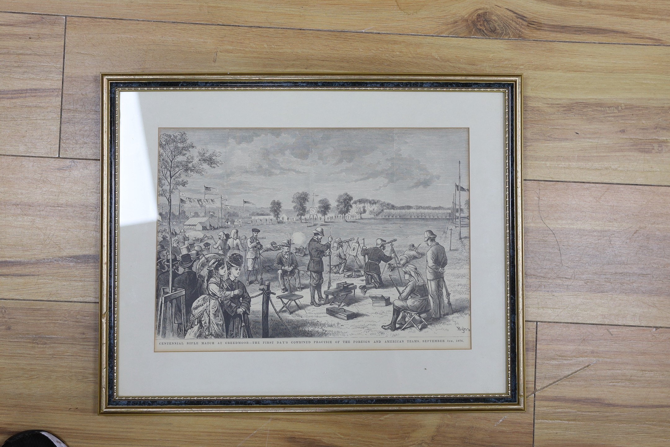 Three framed rifle association prints Including the Queens Prize chromolithograph, Bisley 1895 and 5 related books